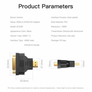 ADAPTER DVI 24+5, 24+1 MUŠKI NA HDMI MUŠKI BI-DIRECTIONAL VENTION ECCB0 CRNI - Slika 3