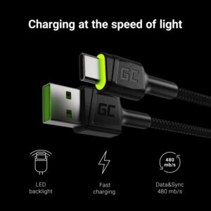 Kabel USB-C tip C 2m LED Green Cell Ray s brzim punjenjem, Ultra Charge, Quick Charge 3.0, GreenCell - Slika 3
